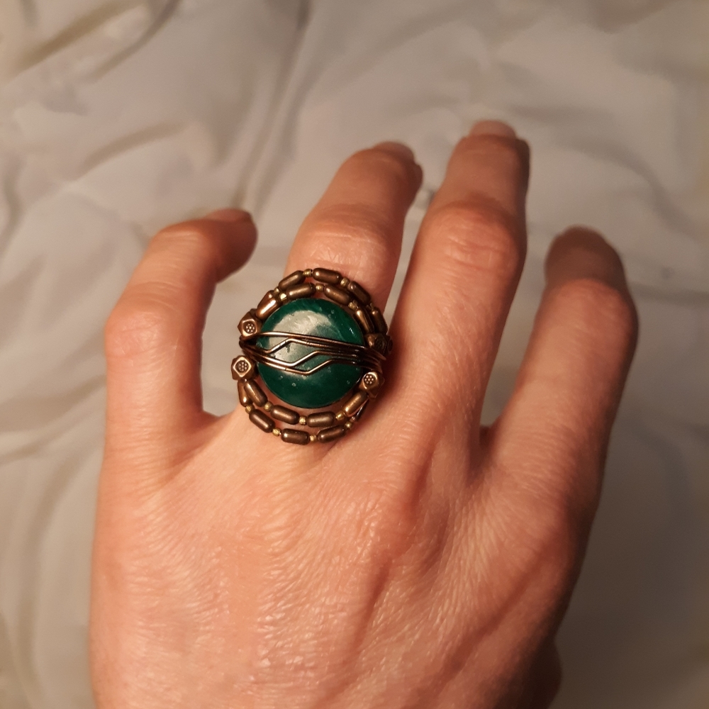 Boho Malachite wire wrap ring